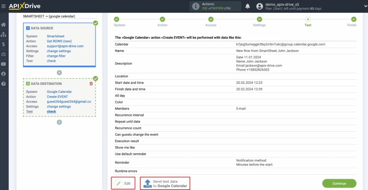 Haz clic en "Editar" o "Enviar datos de prueba a Google Calendar". Haz clic en "Editar" o "Enviar datos de prueba a Google Calendar".