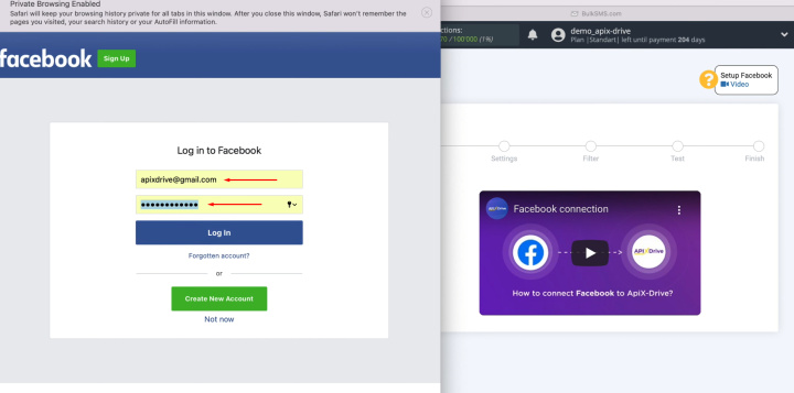 Integración de Facebook y BulkSMS | Proporcione los datos de inicio de sesión de su cuenta de Facebook