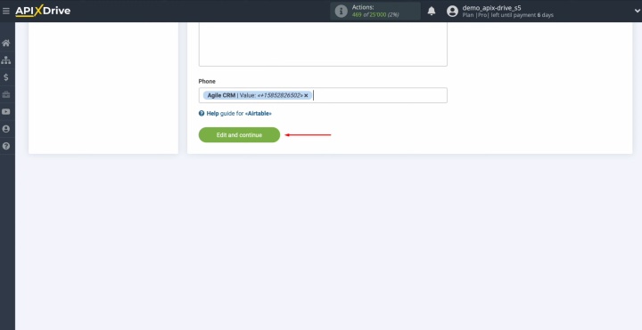 Integración de Agile CRM y Airtable | Haga clic en "Editar y continuar"