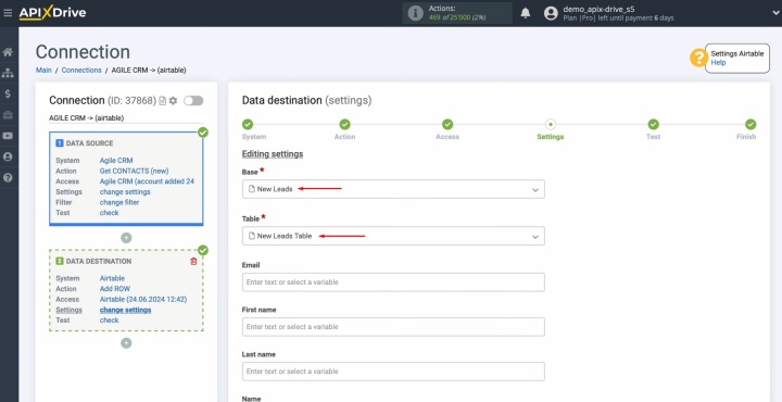 Integración de Agile CRM y Airtable | Seleccione la base y la tabla