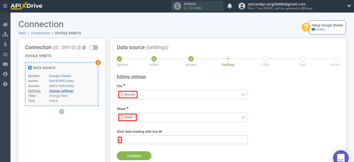 Cómo conectar Google Forms a Asana | Seleccione el archivo, la hoja y la línea de inicio de Google Sheets