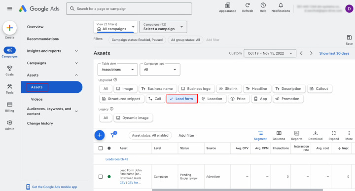 Integración de Notion y formulario de clientes potenciales de Google Ads | Vaya a la sección Activos y seleccione el formulario de clientes potenciales