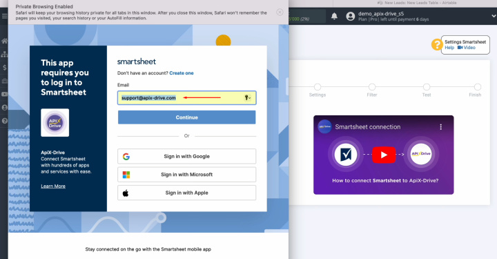 Integración de Smartsheet y Airtable | Especifique el nombre de usuario para su cuenta de Smartsheet