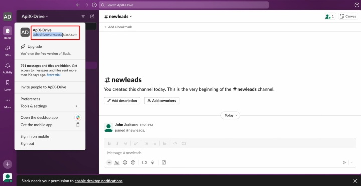 Acceda a su cuenta de Slack y copie el nombre del espacio de trabajo Acceda a su cuenta de Slack y copie el nombre del espacio de trabajo