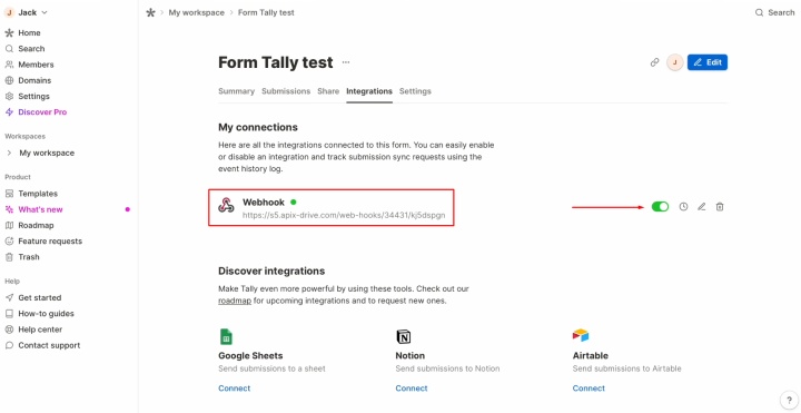 Compruebe que el Webhook esté activado Compruebe que el Webhook esté activado