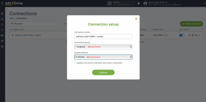 Integración de Google Lead Form y Trello | Seleccione el intervalo para el funcionamiento de la conexión Integración de Google Lead Form y Trello | Seleccione el intervalo para el funcionamiento de la conexión