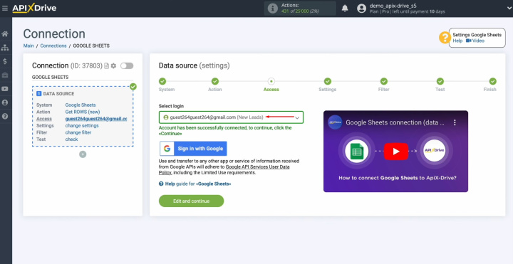 Integración de Google Sheets y Airtable | Seleccione el inicio de sesión conectado