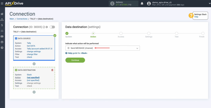 Integración de Tally y Slack | Elija la acción "Enviar MENSAJE (canal)"