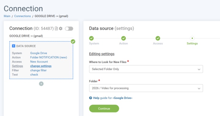 Configuración de la fuente de datos: selección de carpeta