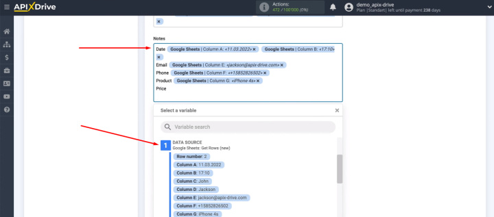 Integración de Hojas de cálculo de Google y Asana | Definir el contenido de los campos.