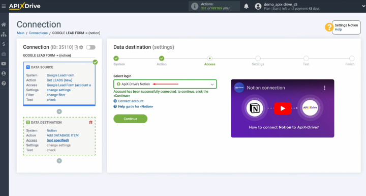 Integración de Google Ads Lead Form y Notion | Seleccione la cuenta conectada