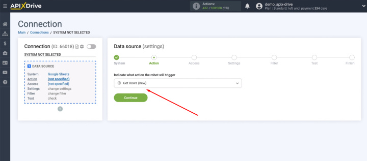 Integración de Google Sheets y Zoho CRM | Seleccione la acción "Obtener filas (nuevas)"