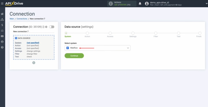 Integración de Webflow y Notion | Seleccione Webflow como fuente de datos Integración de Webflow y Notion | Seleccione Webflow como fuente de datos