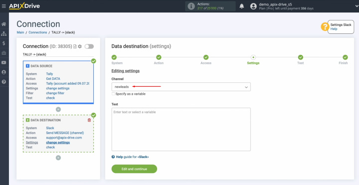 Integración de Tally y Slack | Seleccione el canal al que se enviarán los mensajes nuevos