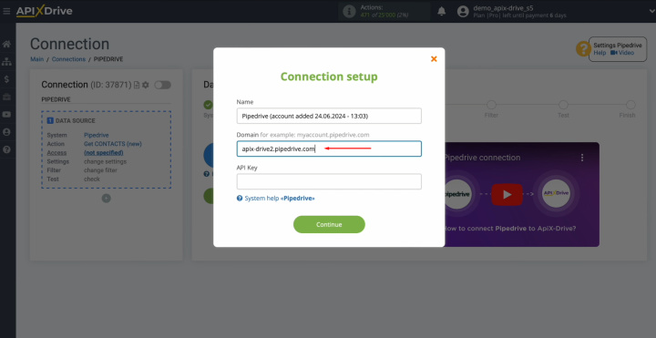 Integración de Pipedrive y Airtable | Pegue el dominio en el campo correspondiente en ApiX-Drive