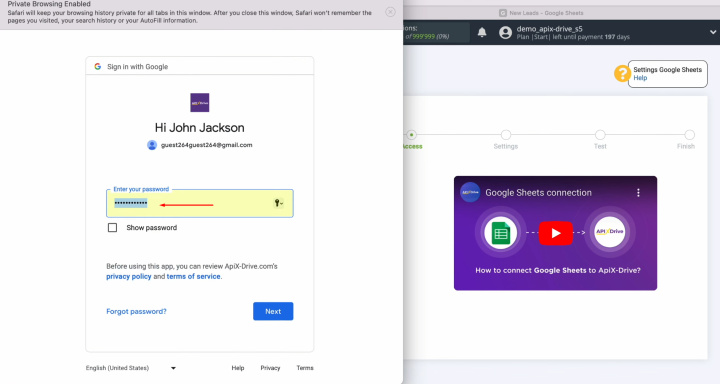 Integración de TikTok y Google Sheets | Especifique la contraseña de su cuenta de Google