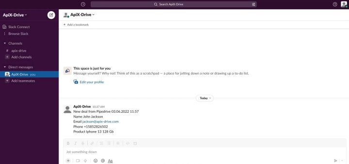 Integración de Pipedrive y Slack | Se le enviará información sobre una nueva oferta en el Messenger.