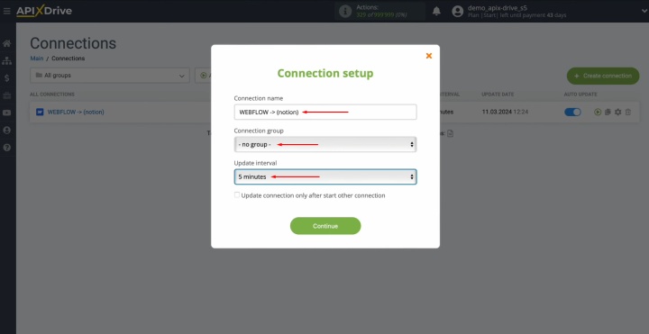 Sincronizar Webflow y Notion | Seleccione el intervalo deseado para la conexión Sincronizar Webflow y Notion | Seleccione el intervalo deseado para la conexión