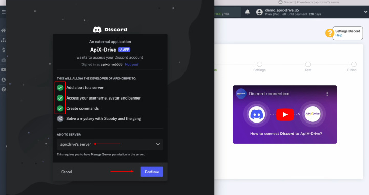 Integración de HelpCrunch y Discord | Otorga acceso a ApiX-Drive para que funcione con tu cuenta de Discord