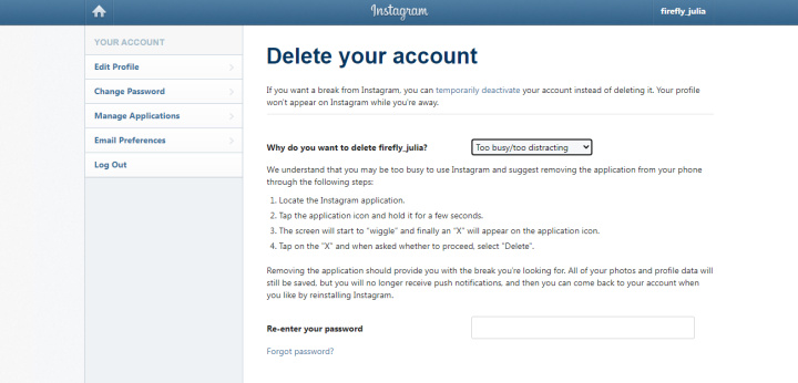 Cómo puedes eliminar una cuenta de Instagram | Introduce el motivo y la contraseña