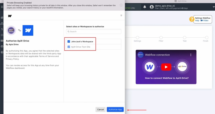 Integración de Webflow y Notion | Otorgue a ApiX-Drive acceso a su espacio de trabajo de Webflow Integración de Webflow y Notion | Otorgue a ApiX-Drive acceso a su espacio de trabajo de Webflow