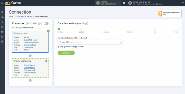 Integración de TikTok y Google Sheets | Seleccione la acción “Agregar FILA”