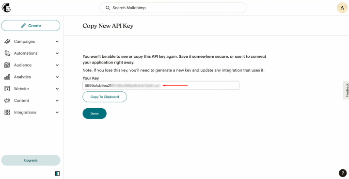 Integración de Airtable y MailChimp | Copie la clave API y haga clic en "Listo"