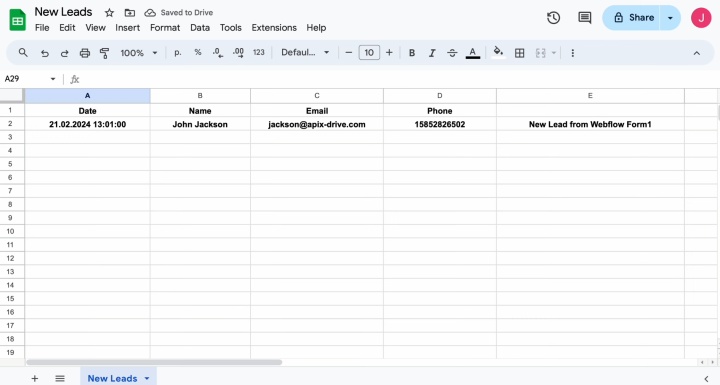 Integración de Webflow y Google Sheets | Resultado de la transferencia de datos a Google Sheets