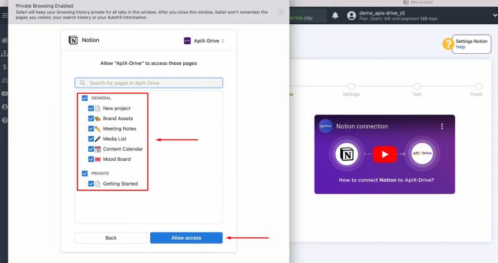 Permita que ApiX-Drive acceda y trabaje con su cuenta de Notion
