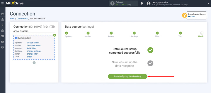 Integración de Hojas de cálculo de Google y Trello | Haga clic en "Comenzar a configurar la recepción de datos"