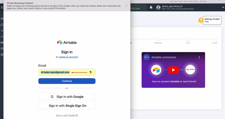 Integración de Agile CRM y Airtable | Especifique el nombre de usuario (correo electrónico) de su cuenta de Airtable