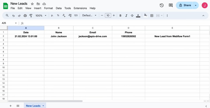 Integración de Webflow y Google Sheets | Abra su archivo de Google Sheets para verificar el resultado