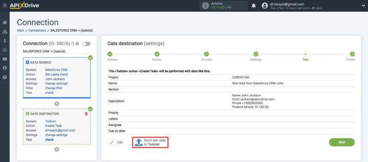 Integración de Salesforce y Todoist | Enviar datos de prueba al administrador de tareas