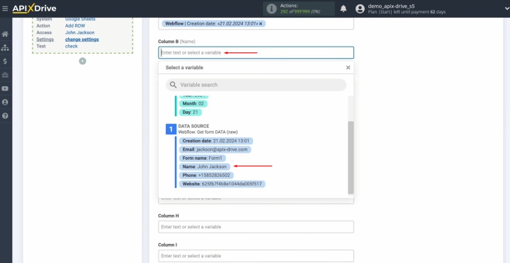 Integración de Webflow y Google Sheets | Asignar variables de Webflow a columnas