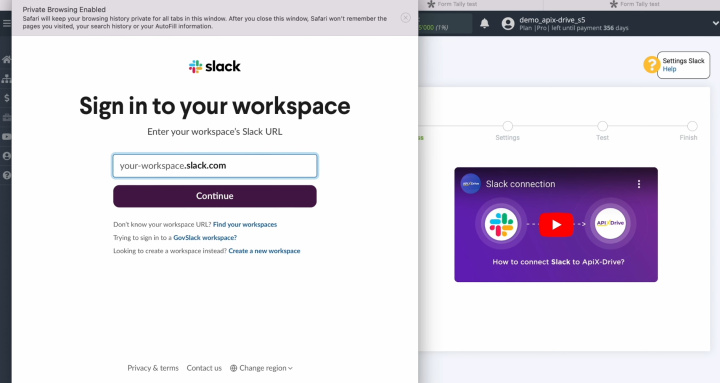 Integración de Tally y Slack | En esta ventana debes indicar tu espacio de trabajo