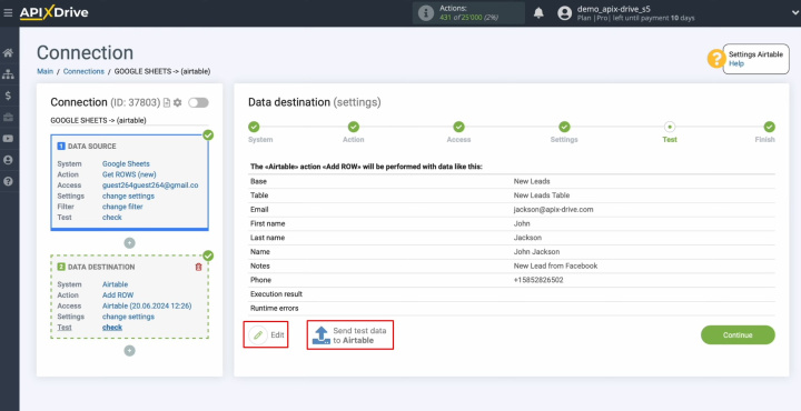 Integración de Google Sheets y Airtable | Haga clic en "Editar" o "Enviar datos de prueba a Airtable"