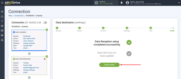 Integración de Facebook y Todoist | Habilitar actualización