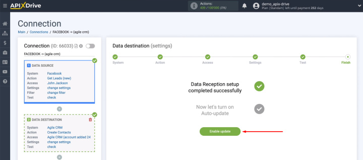 Integración de Facebook y Agile CRM | Activar actualización automática