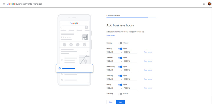 Cómo construir una página comercial de Google | Agregar horario comercial