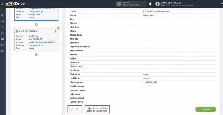 Отправить тестовые данные в Mailchimp