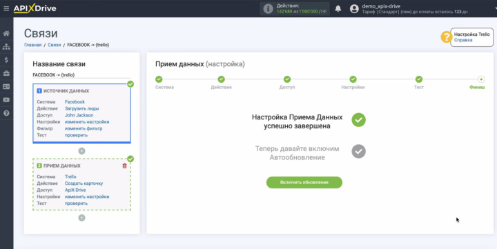 Интеграция Facebook и Trello | Настройка завершена