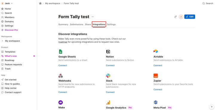 Интеграция Tally и Slack | Вам нужен раздел Интеграция