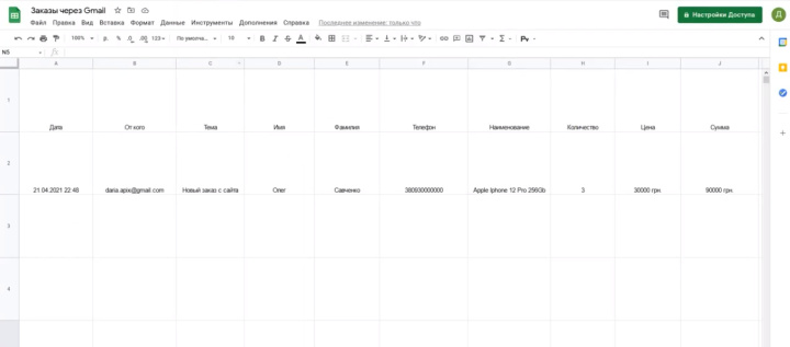 Интеграция Gmail и Google Sheets | Результат в Google Sheets