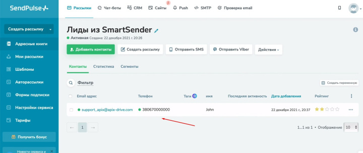 Интеграция Smart Sender и SendPulse | Добавленный контакт
