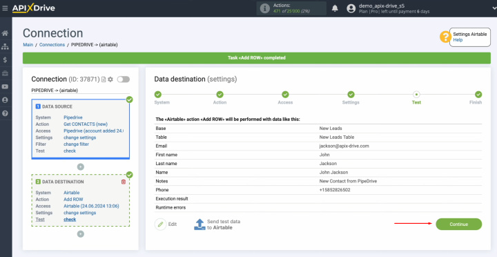 Интеграция Pipedrive и Airtable | Вернитесь в ApiX-Drive и продолжите настройки