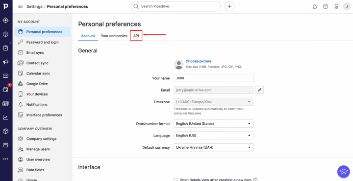 Интеграция Pipedrive и Airtable | Перейдите на вкладку API