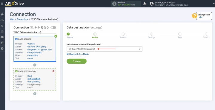 Выберите действие Send MESSAGE (personal) Выберите действие Send MESSAGE (personal)