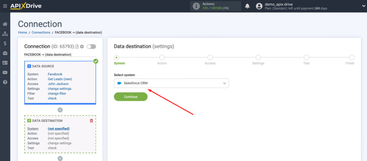 Интеграция Facebook и Salesforce | Выберите Salesforce в качестве целевой системы