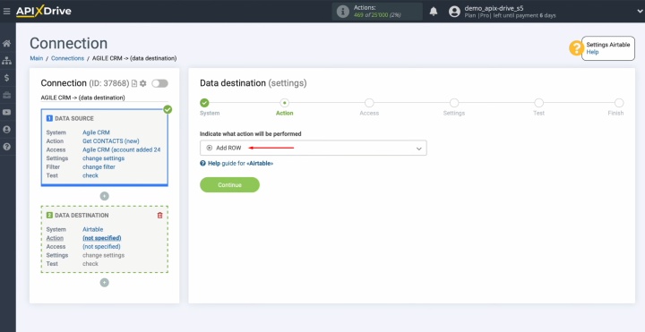 Интеграция Agile CRM и Airtable | Выберите действие «Добавить строку»