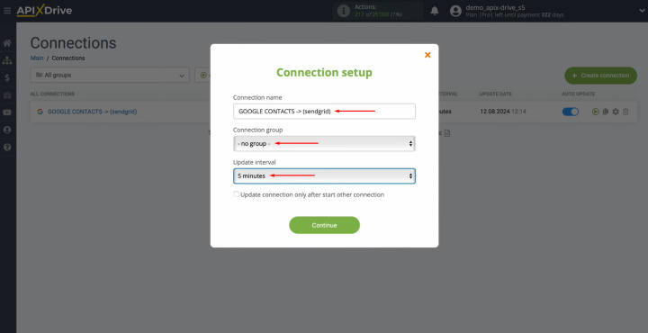 Интеграция Google Contacts и SendGrid | Выберите интервал для подключения